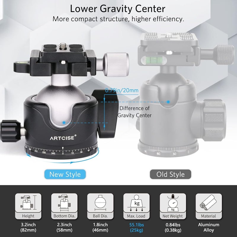 ARTCISE 46mm Low Profile Tripod Head with 3 Screw Adapter 3/8 to 1/4 Professional Aluminium 360 Rotating Panoramic Ball Head Max Loading 20kg - Image 3